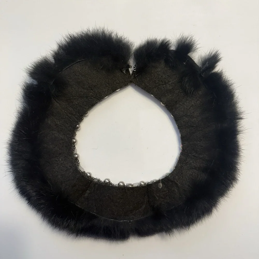 Vintage Handmade Fur & Faux Pearl Beaded Collar Necklace Black For Tops,Sweaters